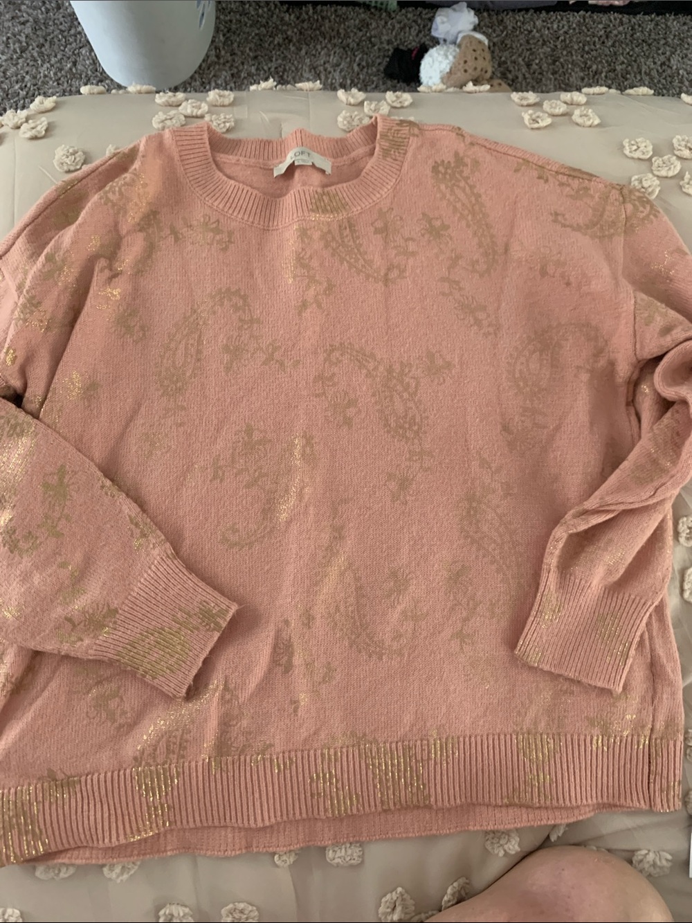 LOFT Blush Pink Crewneck Sweater with Gold Paisley Detail